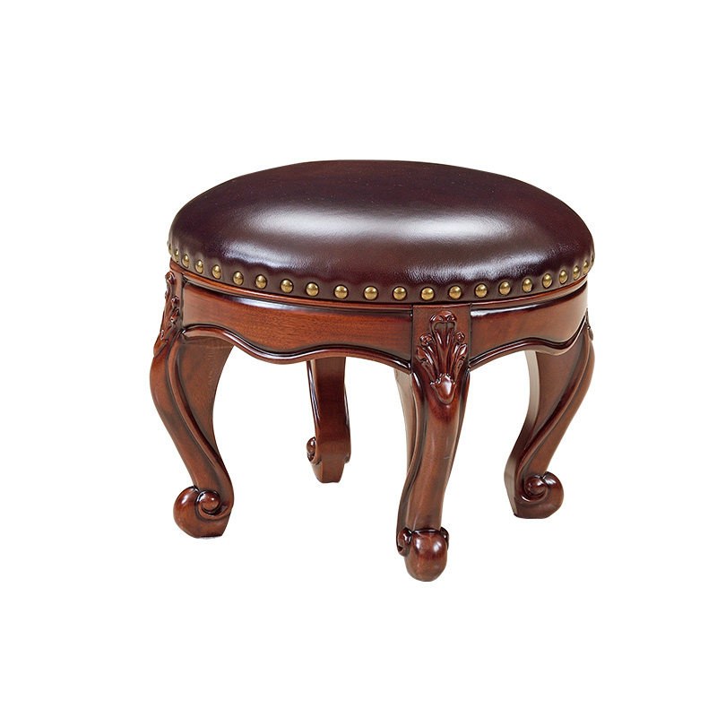 美式乡村胡桃实木小圆凳真皮复古桌子凳子组合酒吧休闲牛皮矮凳
