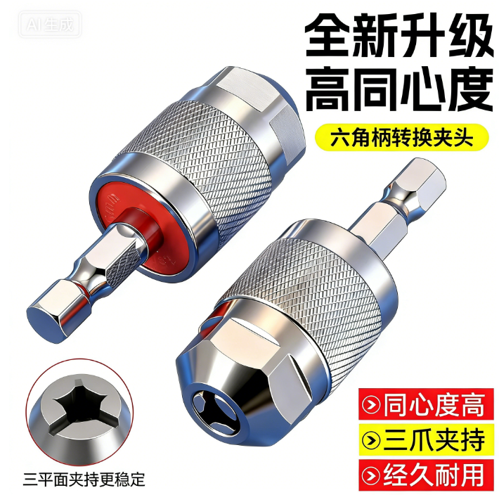 新款六角柄三爪夹头圆柄接杆麻花钻头电钻快速式夹头电钻夹头转换