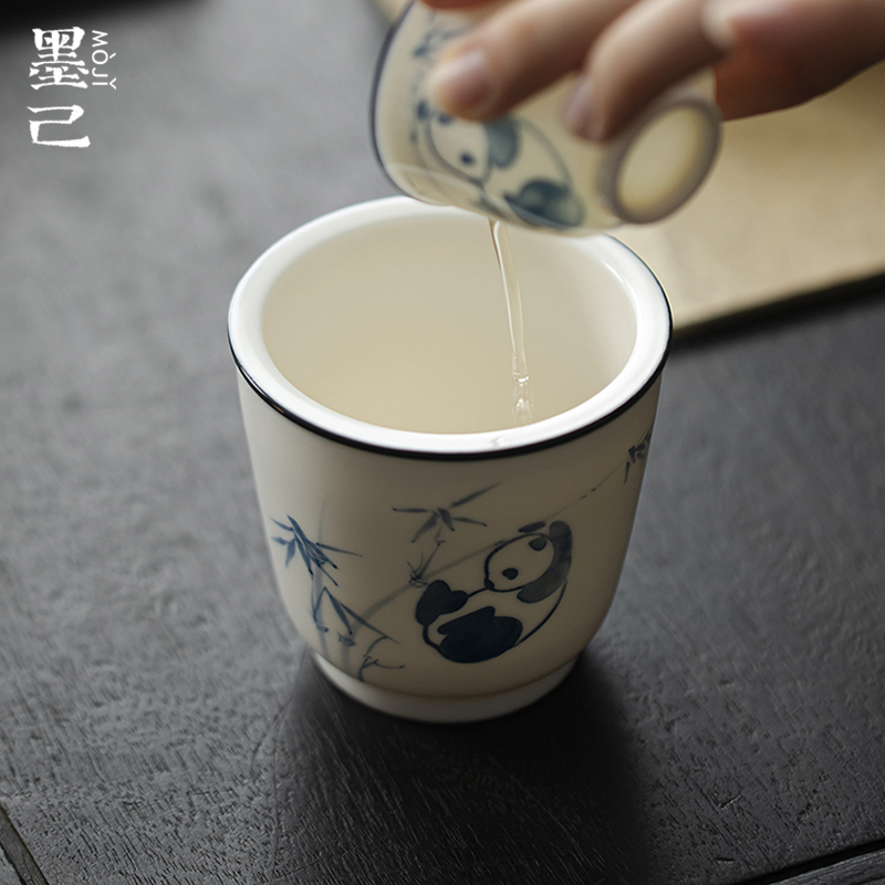 墨己青花纯手绘熊猫戏竹小号建水陶瓷茶洗茶渣缸水盂中式茶道零配