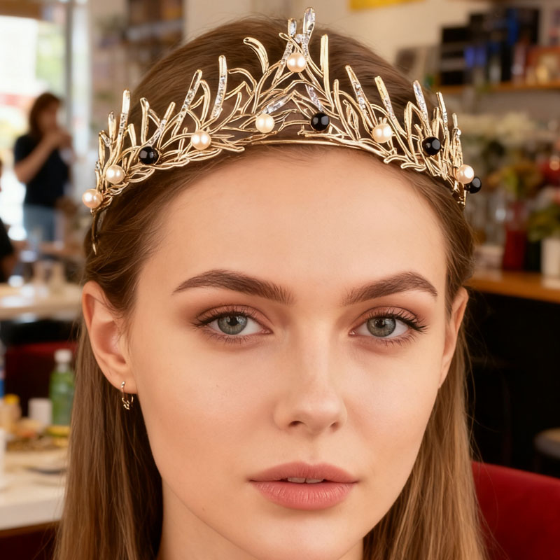 复古奢华金色叶子珍珠皇冠发饰