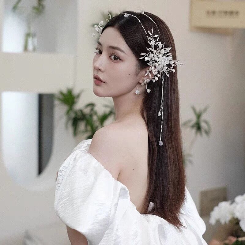 新款新娘头饰森系超仙花朵水晶爪链流苏边夹婚纱礼服盘发造型配饰