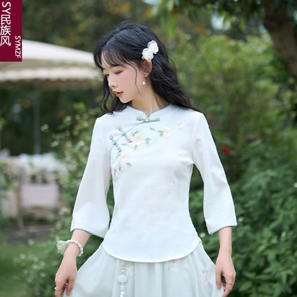 民族风女装复古绣花衬衫春夏新款中式唐装改良旗袍七分袖棉麻上衣