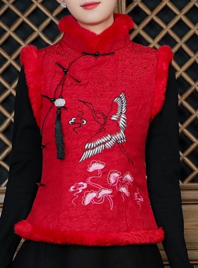 过年唐装女中国风红色旗袍小袄复古夹棉厚背心马夹改良汉服上衣冬