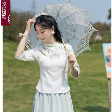 茶服茶艺师七分袖刺绣上衣唐装女民国风复古女装汉服改良旗袍套装