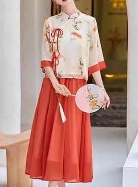 大码女装2025夏季新款新中式改良盘扣国风印花上衣+半身裙两件套