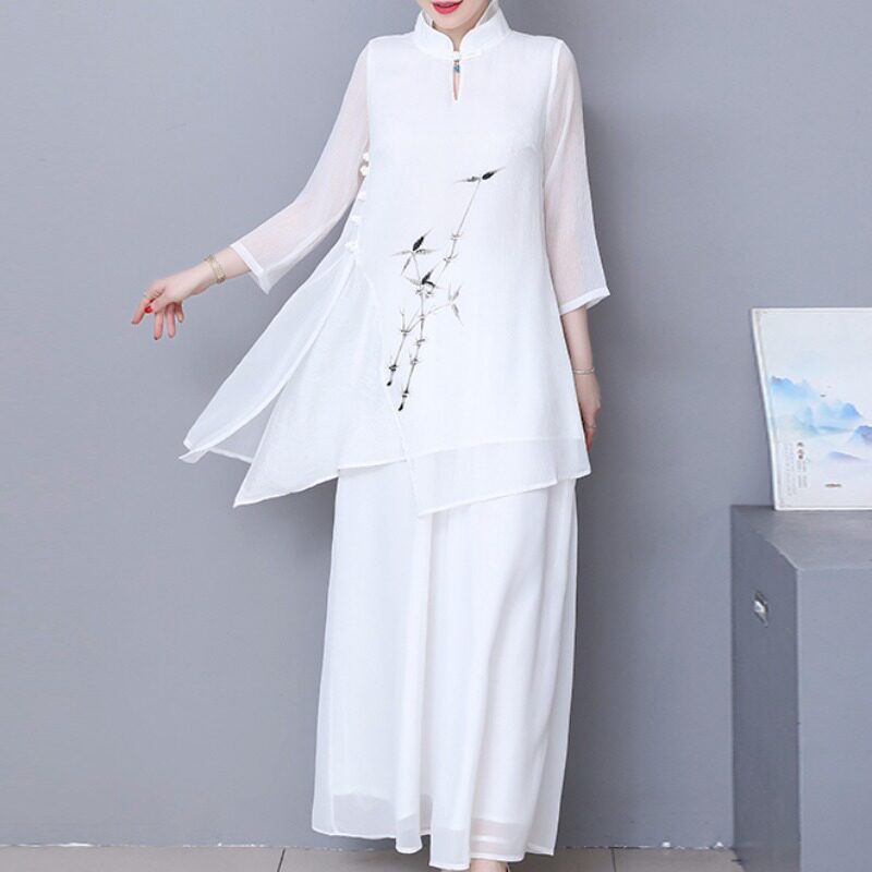 新中式国风改良禅意唐装女大码长款汉服中袖文艺日常茶服套装夏秋图片