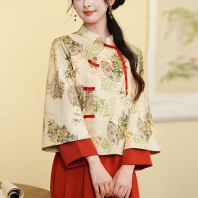 民国风女复古旗袍汉服印花上衣