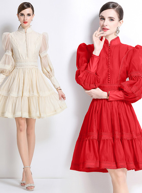 实拍-新品2025法式优雅蕾丝拼接收腰灯笼袖连衣裙