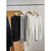 早秋新款 温柔米白色纯色木耳边大圆领显瘦合身版 型薄针织上衣女