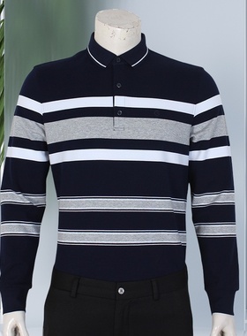 金利来灰色翻领条纹长袖T恤男装秋冬新款商务上衣MTL19152006-58