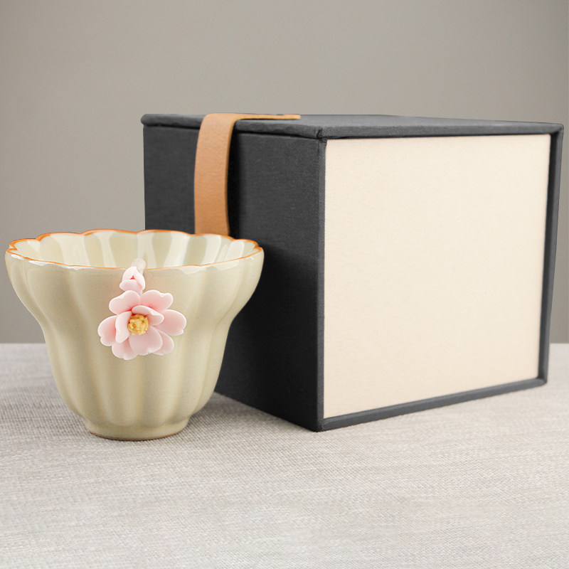 米黄汝窑主人单杯个人品茗杯功夫陶瓷茶盏家用手工捏花开片茶杯子,餐饮具,茶杯,淘宝优惠券,粉丝福利购,淘宝优惠卷