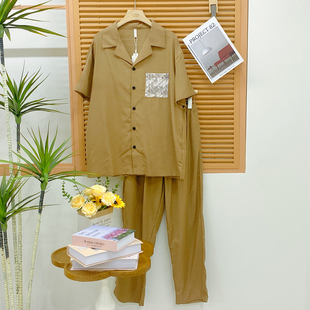 安杜拉男士睡衣2026夏季新天丝麻棉短袖长裤翻领可外穿家居服套装