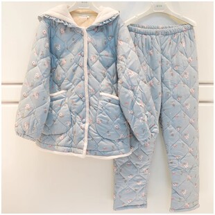 精雅特价女士睡衣冬季三层夹棉加厚保暖唯美印花甜美女家居服套装