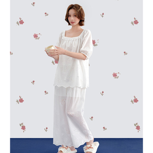 安杜拉女士睡衣2026夏季梭织薄棉甜美风白色方领短袖女家居服套装