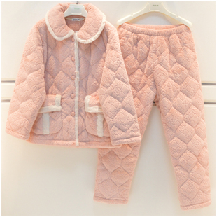 特价精雅女士睡衣冬季牛奶绒三层加厚加绒夹棉套装加厚保暖家居服