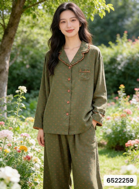 精雅女睡衣2026秋季新品梭织提花复古波点翻领长袖外穿家居服套装