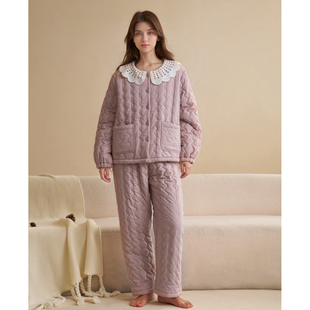 可外穿 三层夹棉睡衣女加厚保暖素雅简约家居服套装 创五季 2025冬季