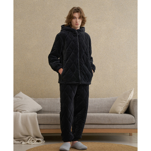 千雾绒三层夹棉加厚保暖连帽拉链家居服套 睡衣2025冬季 创五季 男士