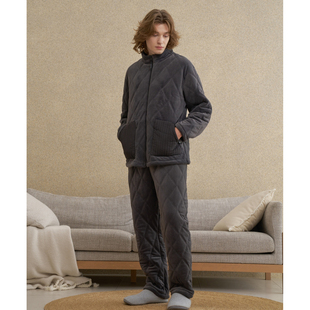 千雾暖绒加厚菱格纹拉链家居服可外穿 夹棉睡衣2025冬季 创五季 男士