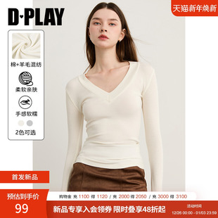 新款 2026年春季 白色V领T恤衫 女修身 DPLAY 含羊毛上衣小衫 惠品