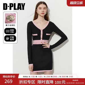 DPLAY秋季新款黑色连衣裙女修身法式气质短款针织裙子长袖