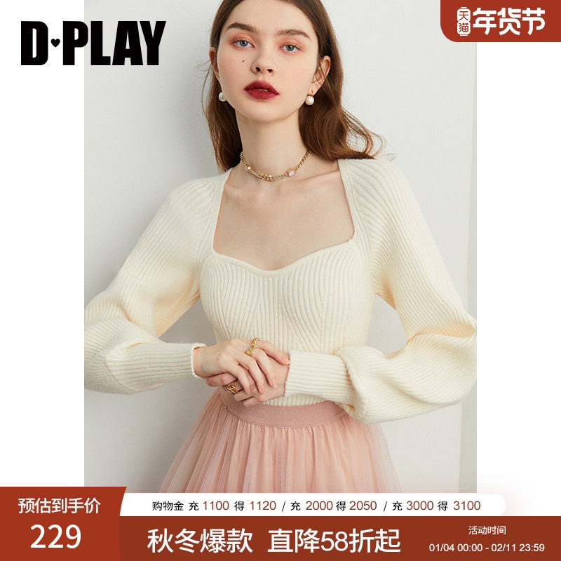 DPLAY2025秋季奶杏色灯笼长袖加厚套头锁骨针织毛衣上衣女,女装/女士精品,毛衣,淘宝优惠券,粉丝福利购,淘宝优惠卷
