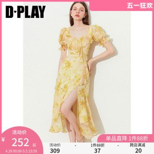 黄色连衣裙雪纺连衣裙碎花裙多巴胺海边度假沙滩裙 DPLAY2024夏装