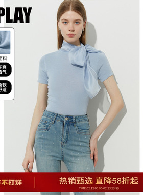 DPLAY【惠品】2025年夏季新款蓝色上衣女修身蝴蝶结t恤短袖针织衫