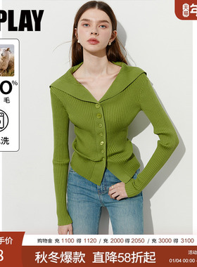 DPLAY2025秋季新款100可机洗羊毛衫绿色毛衣女翻领针织衫上衣开衫