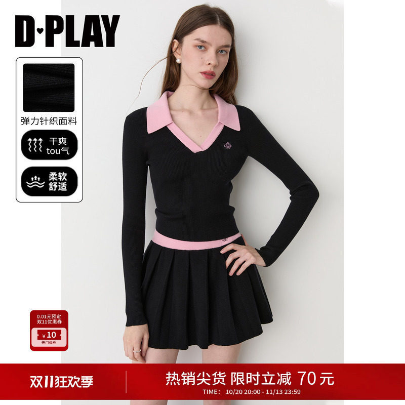 DPLAY黑拼粉撞色翻领针织衫修身套头长袖针织女上衣2026冬季新款