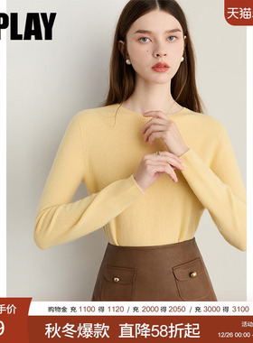 DPLAY2025年秋季新款黄色圆领含羊毛羊绒针织衫修身日常打底衫女