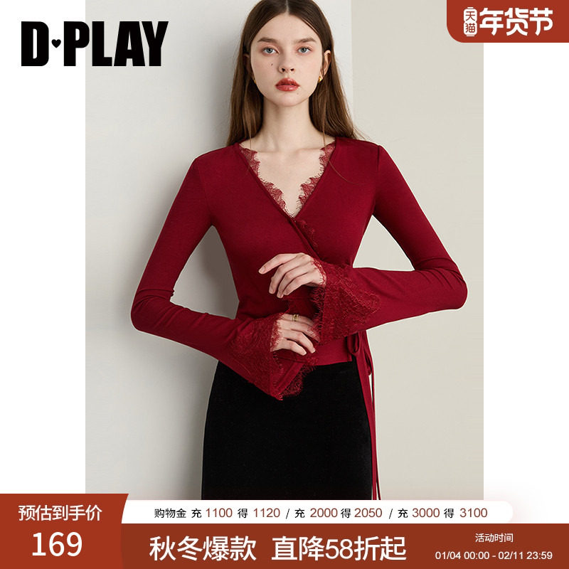DPLAY2025年秋季新款红色v领蕾丝拼接系带T恤女喇叭袖长袖上衣,女装/女士精品,T恤,淘宝优惠券,粉丝福利购,淘宝优惠卷