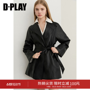 DPLAY2026年春季新款黑色酷飒风pu皮衣女复古气质中长款风衣外套