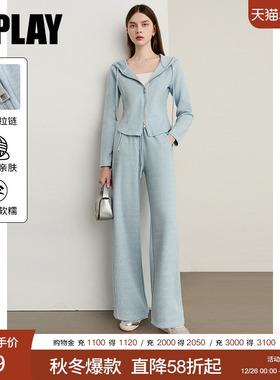 DPLAY2025年秋季新款蓝色套装女流行运动连帽休闲运动套装两件套