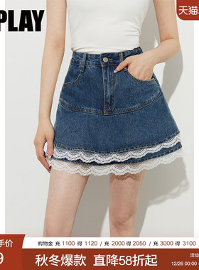 2025年夏季新款蓝色牛仔短裙半身裙女短款独特好看拼接蕾丝裙子