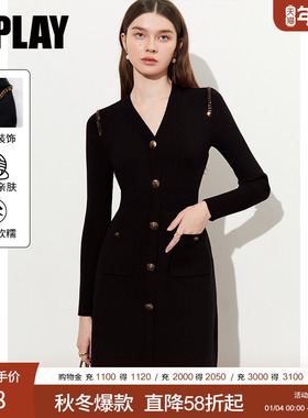 DPLAY气质黑色针织连衣裙修身气质小香风毛衣裙小黑裙2026年春