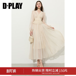 长裙仙女裙 温柔法式 DPLAY白色V领蕾丝拼接连衣裙2026年春季 新款