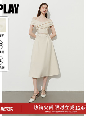 DPLAY新款气质白色连衣裙女法式礼服裙子一字露肩长裙2026夏季