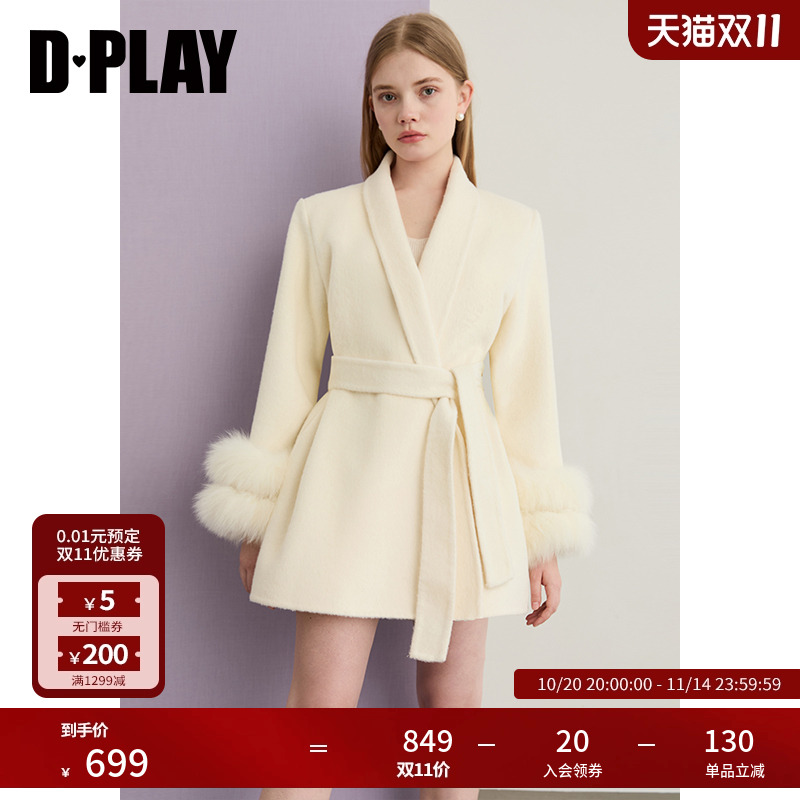DPLAY2025年冬季新款白色毛呢外套羊毛女气质短款双面呢子大衣