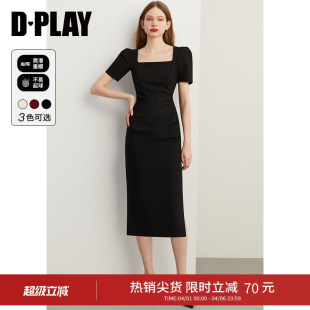 复古方领泡泡袖 连衣裙侧开衩小黑裙女 气质法式 DPLAY夏季