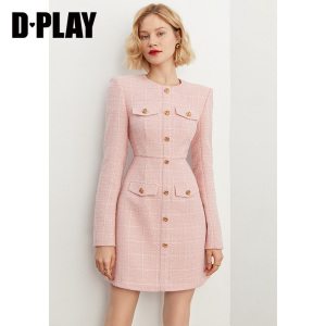DPLAY早春新款法式复古泡泡袖收腰连衣裙少女粉粗花呢A字裙