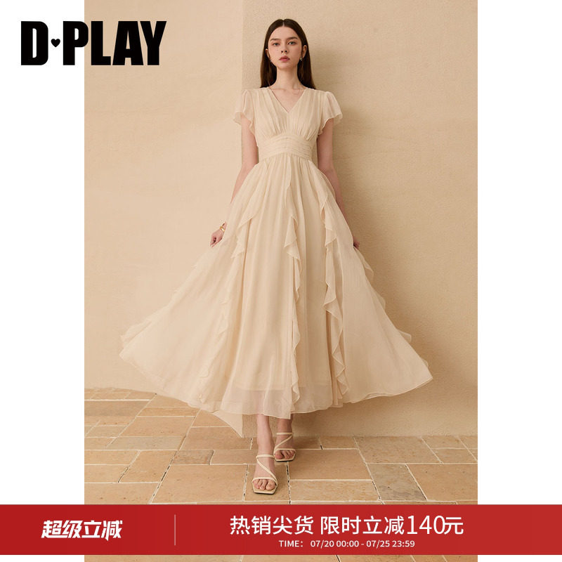 DPLAY米白短袖长裙高腰雪纺连衣裙大摆沙滩裙裙子2026夏季新款