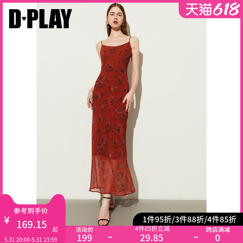 DPLAY2024夏季新款海边度假红色印花修身长裙吊带裙连衣裙女裙子