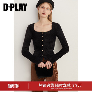 DPLAY冬复古黑色短款 方领定制金属扣仿貂毛套头毛衣 修身
