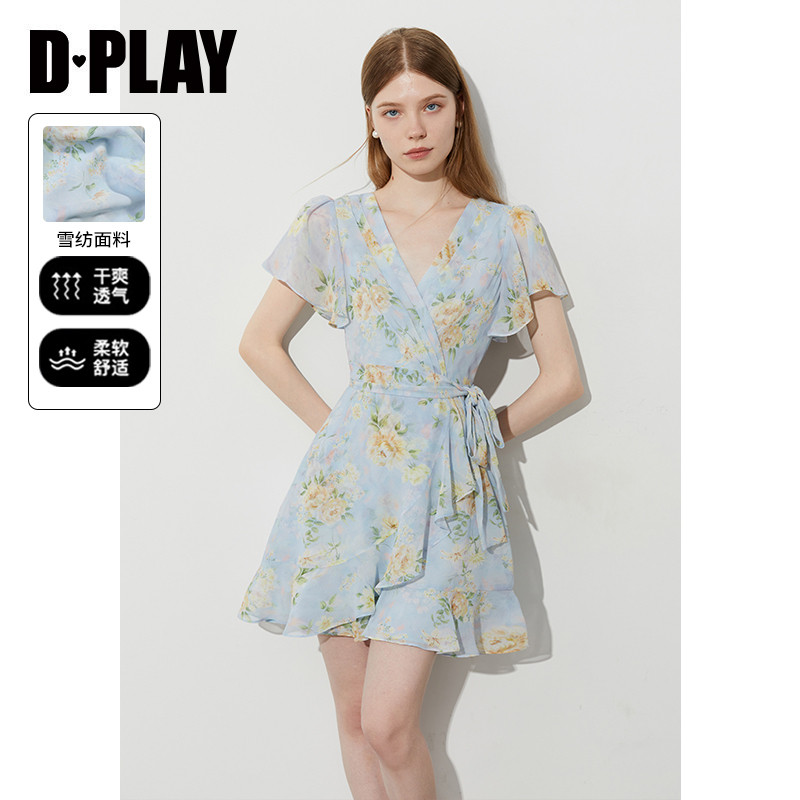 DPLAY【法式茶歇系列】夏季新款蓝色连衣裙女沙滩裙短裙