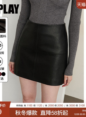 DPLAY2025年秋季新款黑色半身裙女气质短款裙子皮裙A字短裙半裙