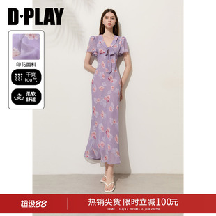 DPLAY【度假系列】紫色翻领荷叶袖蝴蝶结修身印花连衣裙2026夏季
