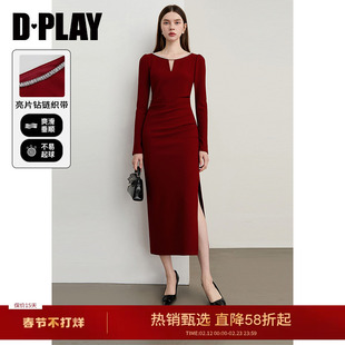 DPLAY2025秋季新款红色连衣裙女开叉长裙订婚敬酒服宴会礼服裙子