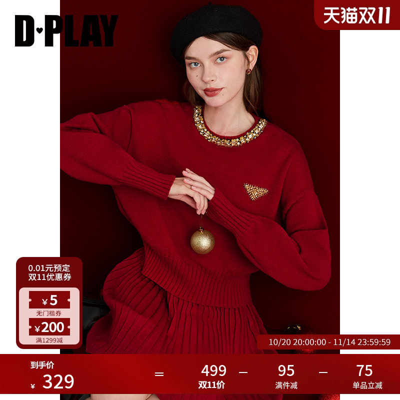 DPLAY2025冬季新款圆领好看红色针织衫女时尚宽松毛衣休闲上衣