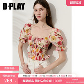 新款 洋气短款 红色印花小衫 时尚 上衣 女方领泡泡袖 DPLAY2026年夏季